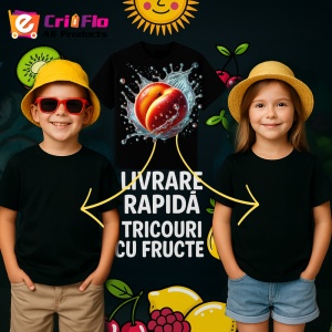 Tricou Piersica in stropi de apa, Fructe, Copii | Dama, culoare negru - Img 6