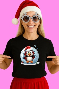 Tricou Pinguin Cu Fundal Alb Si Caciula Mosului Craciun, din bumbac 100% Copii | Dama | Barbat - Img 3
