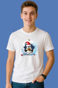 Tricou Pinguin Cu Fundal Alb Si Cadou Craciun, din bumbac 100% Copii | Dama | Barbat - Img 2