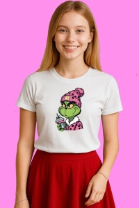 Tricou Pink Glitter Grinch Cartoon Boujee Leopard, din bumbac 100%, tricou alb, Copii | Dama | Barbat - Img 4