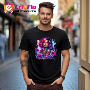 Tricou Pink hair tattoo girl floral power, fata cu par roz si putere florala, Copii | Dama | Barbat , tricou negru - Img 10