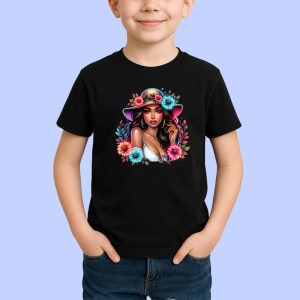 Tricou Pink hat floral lady, doamna cu palarie roz si flori, Copii | Dama | Barbat , tricou negru - Img 2