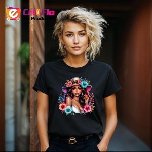 Tricou Pink hat floral lady, doamna cu palarie roz si flori, Copii | Dama | Barbat , tricou negru - Img 8