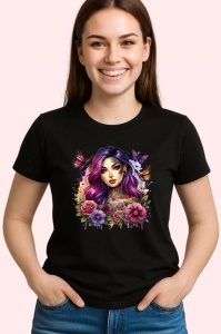 Tricou Pink purple hair girl flower tattoo, fata par roz mov cu tatuaj floral, Copii | Dama | Barbat , tricou negru