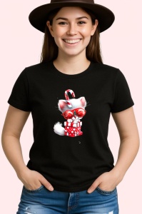 Tricou Pisica alba cu cadou si ochelari de Craciun Copii | Dama | Barbat, culoare negru - Img 3