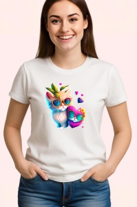 Tricou Pisica alba cu flori galbene si fundal curat Copii | Dama | Barbat - Img 3