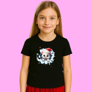 Tricou Pisica Alba Cu Fundal Inghetat Craciun, din bumbac 100% Copii | Dama | Barbat