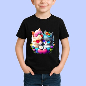 Tricou Pisica alba cu ochelari si flori mov pe luna Copii | Dama | Barbat, culoare negru - Img 4