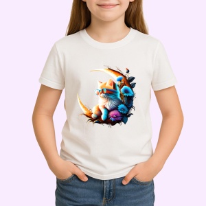 Tricou Pisica alba portocalie pe luna si flori albastre Copii | Dama | Barbat - Img 3