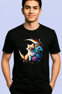 Tricou Pisica alba portocalie pe luna si flori albastre Copii | Dama | Barbat, culoare negru - Img 2
