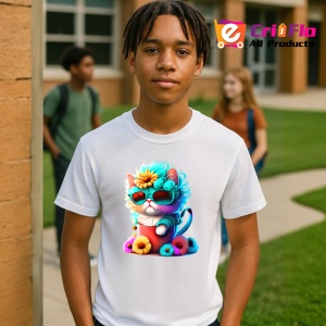 Tricou Pisica albastra cu inima si flori galbene Copii | Dama | Barbat - Img 4