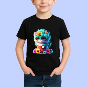 Tricou Pisica albastra cu inima si flori galbene Copii | Dama | Barbat, culoare negru - Img 4