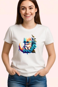 Tricou Pisica albastra pe luna cu flori fundal alb Copii | Dama | Barbat - Img 2
