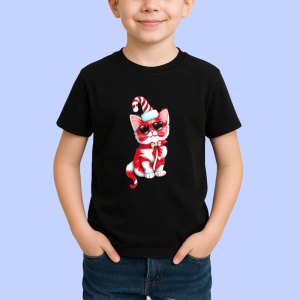 Tricou Pisica baston alb rosu si fundita uriasa Copii | Dama | Barbat, culoare negru - Img 4