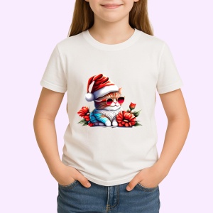 Tricou Pisica Craciun cu caciula rosie si fundal negru Copii | Dama | Barbat - Img 3