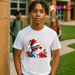 Tricou Pisica Craciun cu caciula rosie si fundal negru Copii | Dama | Barbat - Img 4