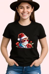 Tricou Pisica Craciun cu caciula rosie si fundal negru Copii | Dama | Barbat, culoare negru - Img 3