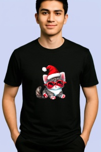 Tricou Pisica Craciun cu caciula si ochelari rosii Copii | Dama | Barbat, culoare negru - Img 2