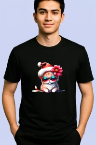 Tricou Pisica Craciun cu floare rosie si caciula fundal negru Copii | Dama | Barbat, culoare negru - Img 2