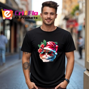 Tricou Pisica Craciun cu floare rosie si ochelari fundal alb Copii | Dama | Barbat, culoare negru