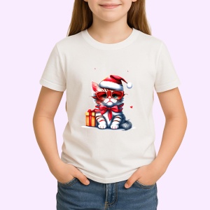 Tricou Pisica Craciun cu ochelari si cadou fundal albastru Copii | Dama | Barbat - Img 3