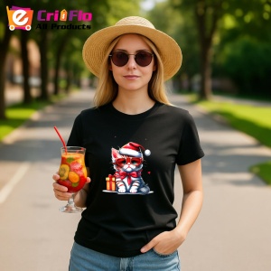 Tricou Pisica Craciun cu ochelari si cadou fundal albastru Copii | Dama | Barbat, culoare negru - Img 7