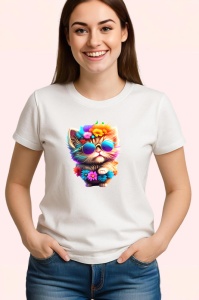 Tricou Pisica cu blana galbena si ochelari flori mov Copii | Dama | Barbat
