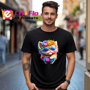 Tricou Pisica cu blana galbena si ochelari flori mov Copii | Dama | Barbat, culoare negru - Img 5