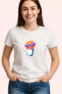 Tricou Pisica cu cana alba si flori colorate in par Copii | Dama | Barbat
