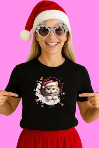 Tricou Pisica Cu Decor Rosu Craciun, din bumbac 100% Copii | Dama | Barbat - Img 2