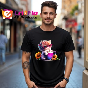 Tricou Pisica cu floare in par si cana violet cu floarea soarelui Copii | Dama | Barbat, culoare negru - Img 5