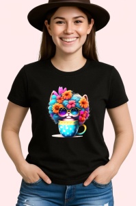 Tricou Pisica cu flori in par si cana cu buline fundal alb Copii | Dama | Barbat, culoare negru - Img 3