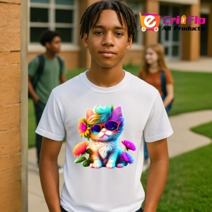 Tricou Pisica cu flori si ochelari mari fundal negru Copii | Dama | Barbat - Img 4