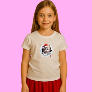 Tricou Pisica Cu Fundal Alb Si Globuri Craciun, din bumbac 100% Copii | Dama | Barbat