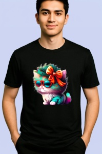 Tricou Pisica cu fundita rosie si blana curcubeu Copii | Dama | Barbat, culoare negru - Img 2