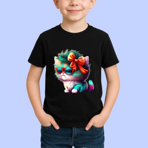 Tricou Pisica cu fundita rosie si blana curcubeu Copii | Dama | Barbat, culoare negru - Img 4