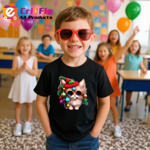 Tricou Pisica cu ochelari globuri si caciula Craciun Copii | Dama | Barbat, culoare negru - Img 11
