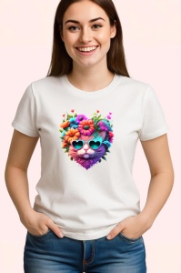 Tricou Pisica cu ochelari in forma de inima si flori roz Copii | Dama | Barbat - Img 3