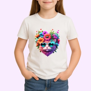 Tricou Pisica cu ochelari in forma de inima si flori roz Copii | Dama | Barbat - Img 4