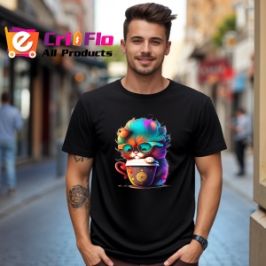 Tricou Pisica cu ochelari mari si cana cu aburi aurii Copii | Dama | Barbat, culoare negru - Img 5