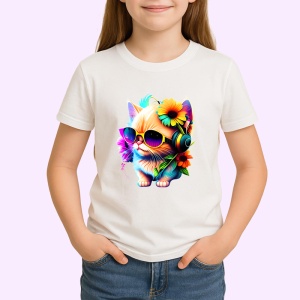 Tricou Pisica cu ochelari si casti turcoaz fundal alb Copii | Dama | Barbat - Img 4