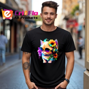 Tricou Pisica cu ochelari si casti turcoaz fundal alb Copii | Dama | Barbat, culoare negru - Img 5