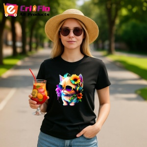 Tricou Pisica cu ochelari si casti turcoaz fundal alb Copii | Dama | Barbat, culoare negru - Img 7