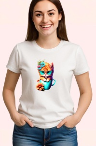 Tricou Pisica cu ochelari si flori intr o cana albastra Copii | Dama | Barbat - Img 3