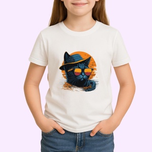Tricou Pisica cu palarie si ochelari fundal portocaliu Copii | Dama | Barbat - Img 3