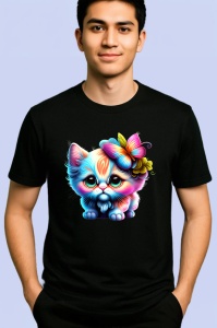 Tricou Pisica cu par buclat si flori imagine magica Copii | Dama | Barbat, culoare negru - Img 2