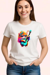 Tricou Pisica curcubeu cu chitara electrica si flori albastre Copii | Dama | Barbat