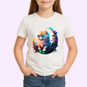 Tricou Pisica curcubeu cu flori albastre pe luna aurie Copii | Dama | Barbat - Img 4