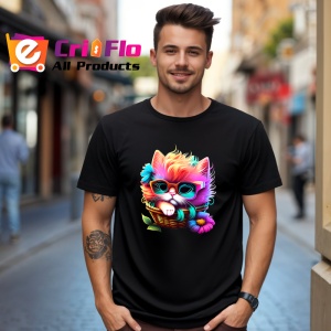 Tricou Pisica curcubeu cu ochelari verzi in stil cool Copii | Dama | Barbat, culoare negru - Img 5
