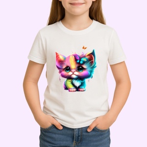 Tricou Pisica curcubeu cu ochi mari si fluture roz Copii | Dama | Barbat - Img 4
